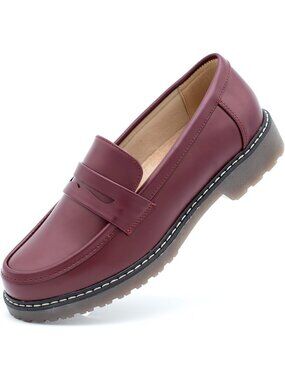 🆕Women's Suede Wine Red Chunky Loafers Platform Comfortable Slip-On Dressy